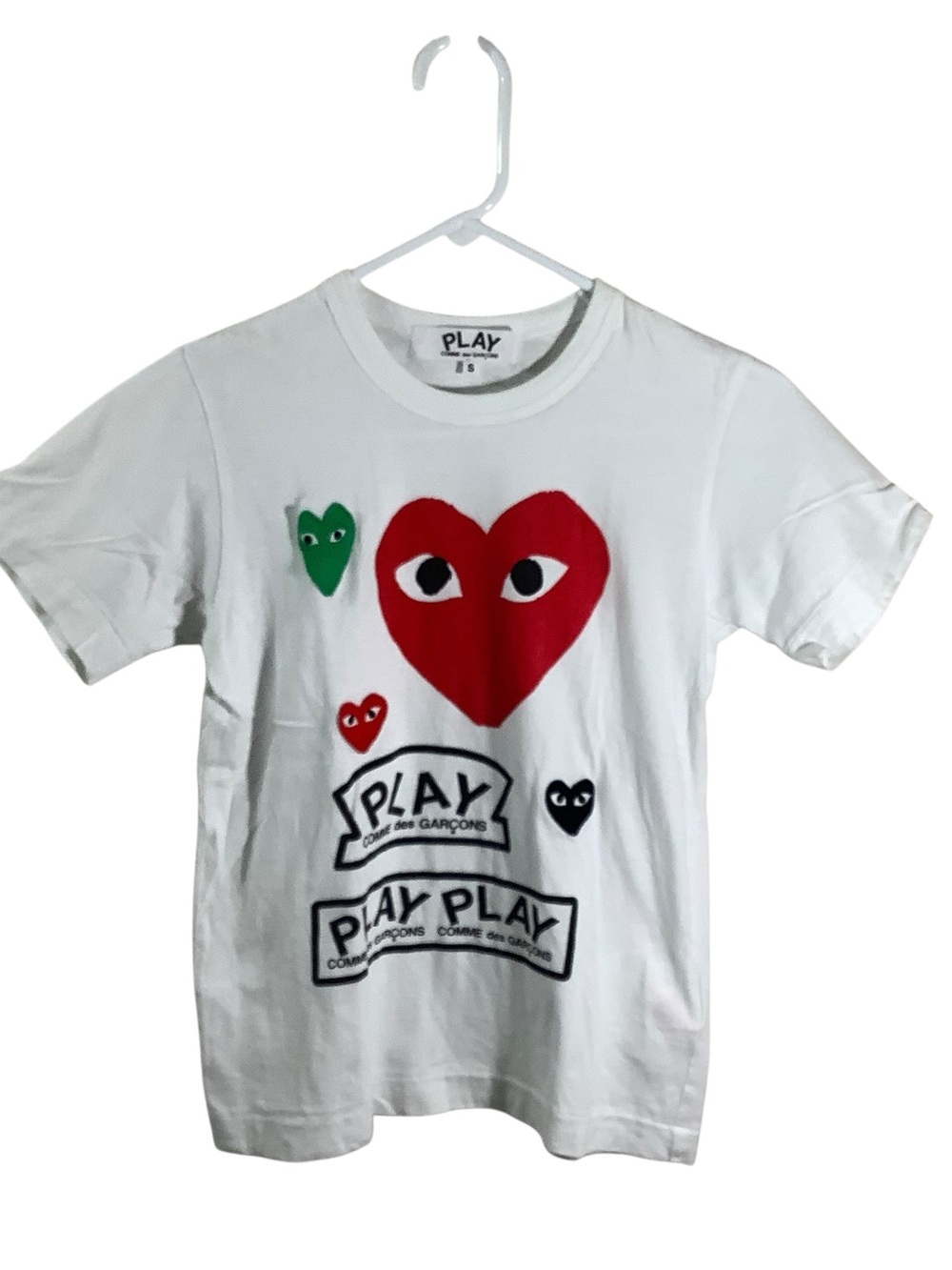 Comme des Garcons PLAY White Tee with Red, Green & Black Heart Motifs